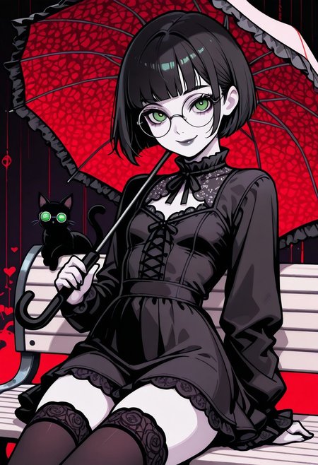 masterpiece, best quality, 32k, high resolution, absurdres, vector art, flat colors, s1n0p0pe, in the style of Jedpstgl, Impressionism,  Vaporwave,Pixel Art, Polly, PollyRH, short hair, bobcut, black hair, bangs, green eyes, small breasts, almost flat chest, slim, pale skin, big round eyeglasses, clear eyeglasses lenses, red, lip gloss, short goth dress, dark background, creepy background, abstracts, cowboy shot, looking at the viewer, holding an umbrella, hearts pattern umbrella, smiling, closed mouth, sitting on a bench, metal bench, thighhighs, black cat, goth attire,