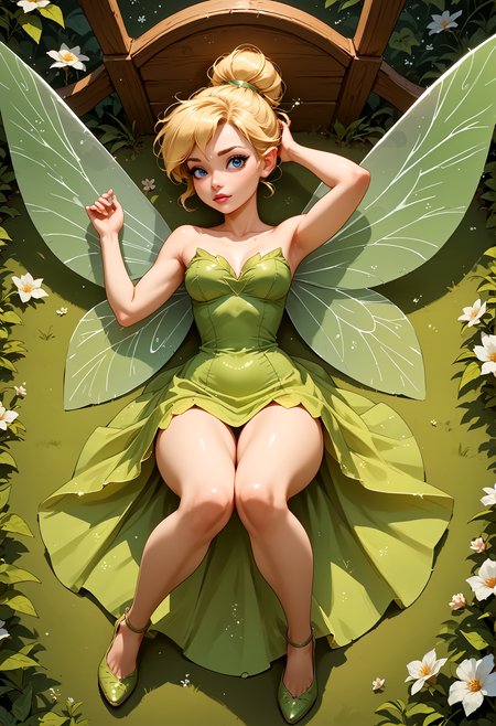 score_9, score_8_up, score_7_up, tinkerbell fairy, sexy <lora:tinkerbellPonyXL_character:0.6> TinkerWaifu, fairy wings, blue eyes, see through silk green dress, sexy, blonde hair bun, beautiful, glamour pose, on back, legs spread,skirt lift, flying, knees apart, hourglass figure, glade, fantasy, blossom, front view