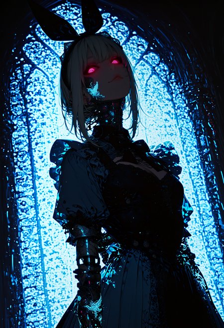 dynamic angle, 1girl, petite, alice in wonderland, apron-dress, frill, big bow on head, (pocket watch on waist:0.7), dynamic pose, looking at viewer, shaded face, lace trim, over-kneehighs, glowingconcept, glowing_face_tattoo, glowing_eyes, Smo0thL1nes, mechanical parts, playing card, floating object, glowing effects, bioluminescent, blue theme, white tone, purple tone, uncanny, fantasy, science fiction, best quality, amazing quality, very aesthetic, absurdres, newest, high contrast, clear color, beautiful shadow, beautiful light, cinematic light, cinematic shadow, bokeh, glare, (overexposed:1.2), high exposure, washed out colors, (subsurface scattering:1.2),  <lora:Glowing_tattoo_concept:0.7> <lora:iLLMythSmo0thL1nes:0.9>