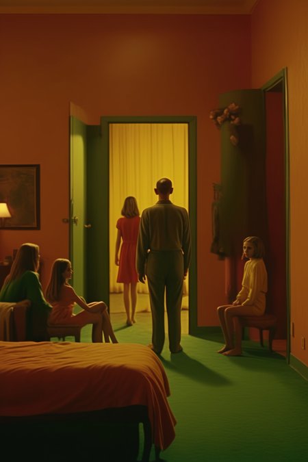 <lora:Director Gaspar Noe style:1>Director Gaspar Noe style - wide shot of the characters entering the room. The man looks around, taking in the surroundings. The two girls sit on the bed, looking at him. warm analogous colors with color discordance between green, yellow and red cinamatic movie scene wide angle lense panovision camera
