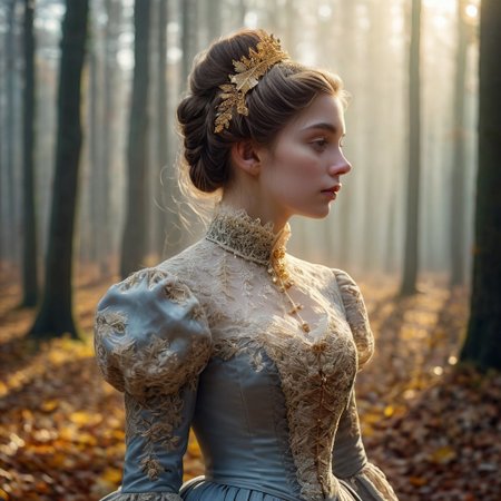epiCRealism, masterpiece, highly detailed, one girl in a extremely detailed Victorian dress, lace and embroidery with golden leaves and pearls, hair made in a high bun, she walks alone through a late autumn forest in a cold morning, the Sun has just risen and timid sun-rays pierce the autumn leafs and reaches the early mist that clings to the earth, time stands still while  early snowflakes falls from a grey sky