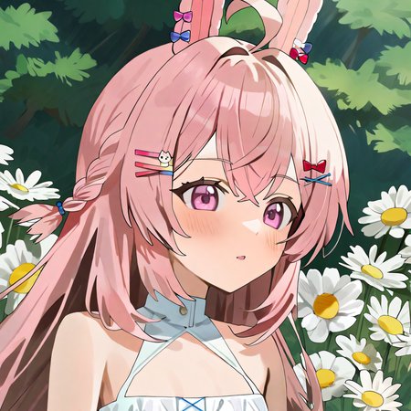 by hoodxart, 2D anime, pipkin pippa, 1girl, solo, animal  ears, pink eyes, pink hair, long hair, blush, bangs, ahoge, hairclips, hair ornament, braid, (small breasts, flat chest:1.5), white sundress, looking away from viewer, 
standing, upper body, in a field of flowers, sunny day, 
 <lora:pipkin_pippa_XL:1.5>
