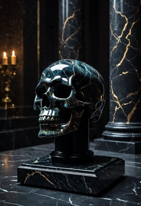 Fujifilm XT3, Sony A7 IV, (award winning photography) a (black: 0.89) marble skull made of opal (Kintsugi: 0.89) set on a pedestal in temple, glistening. in the background beautiful pillars, divine (iridescent: 0.79), opalescent textures, volumetric light, ethereal, sparkling, studio photo, highly detailed, sharp focus (highest quality: 1.39) (highest coherency: 1.39) (award winning photography), highly detailed photography, (muted colors, cinematic, dim colors, soothing tones:1.2), vibrant, insanely detailed, hyperdetailed, (dark shot:1.2), (vsco:0.3), (intricate details:0.9), (hdr, hyperdetailed:1.2) (vignette), sss, raw photo, fijifilm, kodak, cinematic film grain