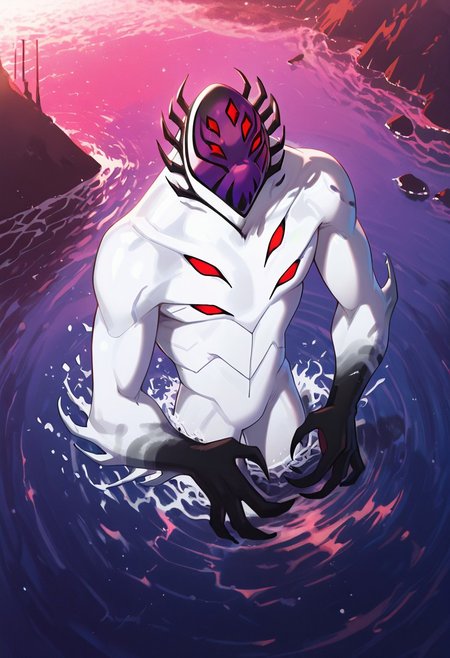 masterpiece, best quality, amazing quality, very aesthetic, absurdres, newest,, detailed background, 
highbreed, extra eyes, solo, alien, white skin, purple face, , monster, red eyes, black hands, , claws, black head spikes, white body,
emerging from water, giant, splash, ships, from above, kaiju,