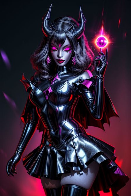 MEvil, DemonicT, EvlSM, Bad_End_Precure, DarkPrecure, adult, evil corrupted princess wearing dark pastel (ruffled:1) (gleaming latex:1)  gown with (long latex cape:1) and latex elbow gauntlets, soft lighting, ruffles,
(makeup, lipstick, mascara, eyeshadow),
(blue skin, black sclera, colored sclera, colored skin, yellow eyes, demon wings, demon horns, slit pupils),
(red eyes, colored skin, glowing eyes, evil smile:1),
<lora:more_details:1>,
