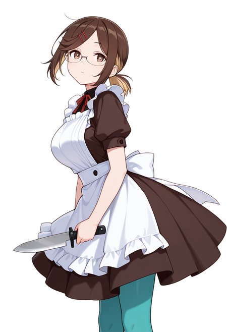 masterpiece,high quality details, absurdres,
 <lora:Konoha_Koga:0.8>koga_cnr, 1girl, brown hair, short hair, brown eyes, blonde hair, two-tone hair, large breasts, semi-rimless eyewear,hairclip,ponytail, expressionless, 
holding knife,, simple background, white background, from side,solo,, ^o^,, maid apron,borrowed garments,circle skirt,  ,aqua pantyhose,