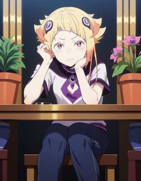 score_9, score_8_up, score_7_up, source_anime, <lora:capella-emerada-lugunica-s3-p1-ponyxl-lora-nochekaiser:1>, capella emerada lugunica, short hair, blonde hair, hair ornament, pink eyes, multicolored hair, gradient hair,, shirt, t-shirt, white shirt, pants, denim pants,, greenhouse, plants, glass, warm, growth, , sitting, head rest, table,, looking at viewer, solo,, dutch angle, cowboy shot