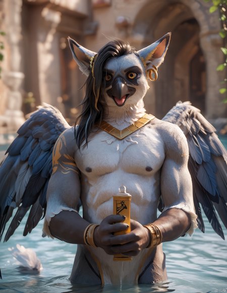 score_9, score_8_up, score_7_up, BREAK depth of field, cinematic lighting, masterpiece, detailed hands, detailed face, best quality, ultra realistic, 4k, 2k, film photography, RAW photo, photorealistic, analog style, subsurface scattering, photorealism, embedding:unaestheticXL_bp5, embedding:zPDXL,(best quality, high quality, 8K:1.5), <lora:add-detail-xl:2.5>, <lora:fix_hands.safetensors:2.0>, <lora:2.5DRealisticV2.safetensors:0.2>, <lora:sinfully_stylish_SDXL.safetensors:0.6>,  <lora:AdvancedEnhancerXLv2.safetensors:1.0>, (hi res), ((masterpiece)), ((best quality)), illustration, solo, <lora:Ammeris_Character.safetensors:1.0>, anthro, furry, ammeris, gryphon, avian, biped, egyptian, feathered wings, loincloth, (blue fur, blue body:1.25), black hair, beak, bracelet, avian feet, yellow highlights, solo, looking at viewer, Egypt background, outdoor, holds an object (wide shot, pain:1.15)