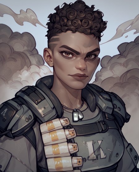 score_9,score_8_up,score_7_up,score_6_up,
BangaloreXL,brown eyes,
standing,short curly hair,solo,
tactical armor, grey tunic,black gloves,shoulder armor,dog tags, looking at viewer, 
smoke trail in background,plains,<lora:Bangalore:1>,