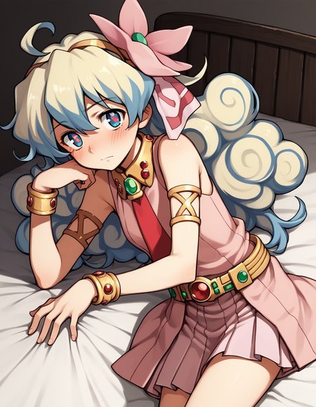 score_9, score_8_up, score_7_up, source_anime,
niateppelin, <lora:nia-teppelin-ponyxl-lora-nochekaiser:1>,
nia teppelin, cross-shaped pupils, hair flower, hair ornament, long hair, multicolored hair, simple background, symbol-shaped pupils, two-tone hair, ahoge, curly hair,
armlet, bracelet, dress, pink skirt, skirt, sleeveless,
indoors, bed, bed room, on side, blush, drunk,
looking at viewer, solo, cowboy shot, dutch angle,