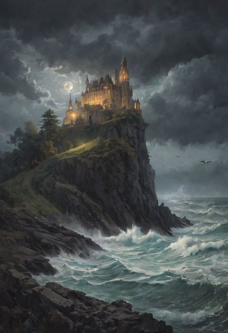On a rugged cliffside overlooking a vast, tumultuous ocean, a grand castle stands ominously under a dark, stormy sky. The full moon struggles to pierce through the thick, swirling clouds, casting eerie, fragmented beams of light over the scene. Shadows envelop the castle's towering spires and stone walls, giving it a foreboding and mysterious aura. A large banner adorned with a regal emblem flies from the highest tower, fluttering violently in the fierce night breeze. Below, the relentless waves crash against the rocky base of the cliff, sending sprays of saltwater into the air. Seagulls, barely visible against the darkened sky, circle and cry out, adding to the wild, untamed atmosphere of the stormy night.
romantic impressionism, dream scenery art, beautiful oil matte painting, romantic, beautiful digital painting, anime landscape, romantic painting, dreamlike digital painting, colorful painting, thick brushstrokes characteristic, rough stroke, beautiful gorgeous digital art, style of greg rutkowski, thomas kinkade, janek sedlar, jenny saville