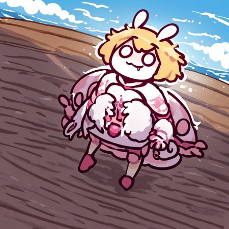 score_9, score_8_up, score_7_up, 1girl, solo, moth girl, pink and white moth fluffy wings, fluffy body, pink and yellow fur body hair, white skin, white eyes, fur fluffy four arms, joints, black sclera, short hair, blonde, messy hair, sharp tooth, cute smile, plump, cute, looking at viewer, cute smile, red pirate outfit, leather gloves, little female, ship background, legs, full body, dutch angle,
