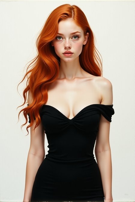 cinematic still Minimalist painting of a young influencer woman (art by Albert Lynch, Abbott Handerson Thayer), very cute, highly detail, best quality, black tight dress with exposed shoulders and low neck line, medium breasts with perky nipples, white splash background, dynamic pose, black outline, innocent, serene, pale skin, green eyes, long flowing red hair, freckles, ultra detailed, romantic, Rembrandt lighting, brush strokes, warm light, magical, extremely coherent, cute, beautiful, cinematic, stunning, creative, positive, cheerful, unique, cool, inspiring, pure, rational, very inspiring, friendly, thoughtful, luminous, magical, perfect, intricate, wonderful, lovely, style of Rembrandt, del1cate_balance style, vantablackâââ