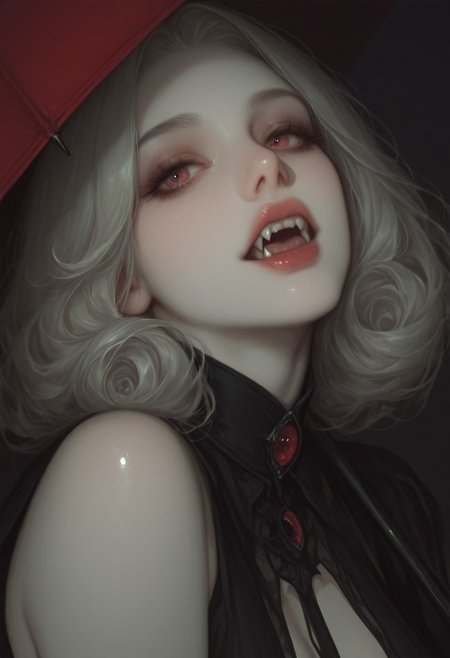 7481llu,masterpiece, best quality, 1girl, closeup, vampire,  2Fangs, The lips are slightly parted, revealing sharp, gleaming white fangs. perfect teeth, white skin, red umbrella, black hole background, swirling event horizon, glowing accretion disks, distant stars, dark tones, muted colors, sharp contrasts, hyper-realistic, detailed textures, cinematic feel, dark fantasy, cosmic aesthetics, calm expression, elegant outfit, subtle textures, dramatic lighting, highres.
