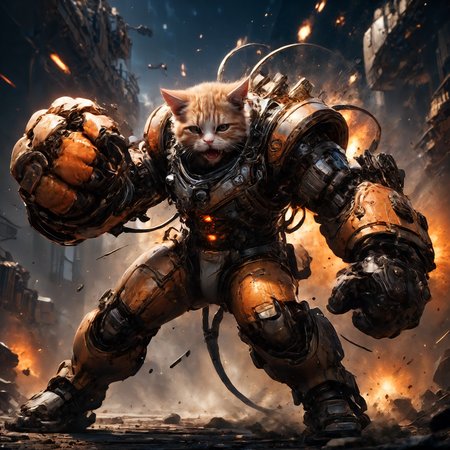 amazing quality, masterpiece, best quality, hyper detailed, ultra detailed, UHD, HDR, DOF, depth of field, sci-fi,
cat, (orange hybrid gold:1.2) giant mechanical arms, fighting stance, hand up,( opened mouth, angry:1.2), spacecraft in background,( punching:1.3),
glowing, shine, dazzling, (explosion:1.2) in background, outstretched arm, outstretched hand, (night:1.2), 
<lora:cfc-giant-mechanical-arms:0.8>,
<lora:ral-vlntxplzn-sdxl:0.5>, ral-vlntxplzn,
<lora:EnvyActionShotXL01:0.75>, action shot,
<lora:add-detail-xl:0.7>,
<lora:EnvyBetterHiresFixXL01:1.0>,
<lora:extremely_detailed:0.7>, extremely detailed,