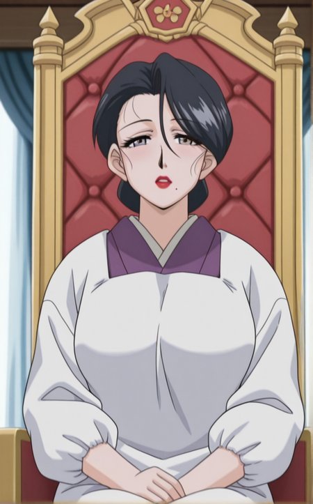 masterpiece, best quality, insaneres, absurdres,sitting on throne, sitting, throne, throne room, straight-on, curtains, light particles, bokeh, loaded interior, indoors, solo, looking at viewer,  <lora:ILLUSTXL_MistreatedBride_SumieTakayanagi_ownwaifu:1>, BREAK WhiteApron_SumieTakayanagi_ownwaifu, 1girl, black hair, breasts, grey eyes, japanese clothes, lipstick, makeup, mature female, mole under mouth, red lips, white apron, kimono, single hair bun, apron, kappougi, hair between eyes, large breasts,