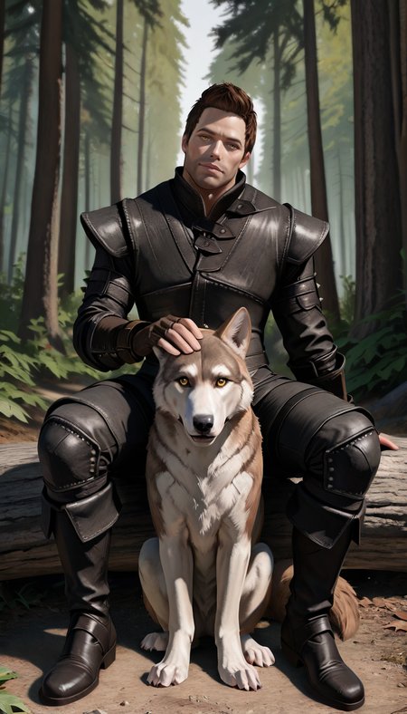 masterpiece, best quality, newest, perfect quality, best quality, detailed background, intricate details, male focus, solo, photorealistic, <lora:Skyrim Romance Mod - Bishop - Illustrious 2-000007:0.7>, srm_bishop, 1boy, mature male, brown hair, very short hair, yellow eyes, stubble, leather armor, fingerless gloves, pants, boots, forest, looking at viewer, head tilt, sitting
BREAK petting wolf