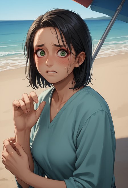 score_9, score_8_up,score_7_up, source_anime, 1girl, solo, <lora:trllsdr_pdxl_EliPot:1> swtrsu, medium hair, black hair, green eyes, mature female,makeup, v-shaped eyebrows,
nervous, sweating, wide eyes, fidgeting hands, biting lip, blushing,
in the beach, summer sky, sunshade umbrella ,