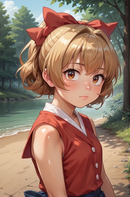 1girl, solo, outdoors, 
 <lora:suz:0.8> narumiya suzu, hair bow, , score_9, score_8_up, score_7_up, source anime, (shiny skin:1.20),