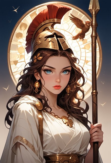 Stable_Yogis_PDXL_Positives, (score_9, score_8_up, score_7_up), ((zPDXL3)), ((zPDXLxxx)), ((Greek mythology style)), ((face focus, eye focus, dynamic angle, motion)), 1girl, solo, fantasy, (greek_athena, helmet ontop of head, brown hair, long hair, toga, armor, sandals), (ancient greek clothes), (armor), (holding spear), lace, cape, breathless intimacy, tanned skin, petite model bombshell, heart, young, delicate features, narrow pointy nose, tiny nose, lust, big eyes, seductive eyes, blue eyes, detailed skin, flared lashes, mascara, makeup, perky huge breasts, athletic body, narrow waist, skinny hips, 
warm light, detailed, neon dark party
 BREAK
milky way, runes, arcane, astral, surreal, ethereal glow, masterpiece, best quality, intricate design. colorful, moonlit nightsky, stained glass aesthetic, moody whimsical color palette, murano glass, bold soldering lines, volumetric light shining through, crepuscular rays, intricate craftsmanship, detailed texture, luminous transparency, reflective light play, vivid hues, atmospheric depth, enchanting silhouette, art nouveau,