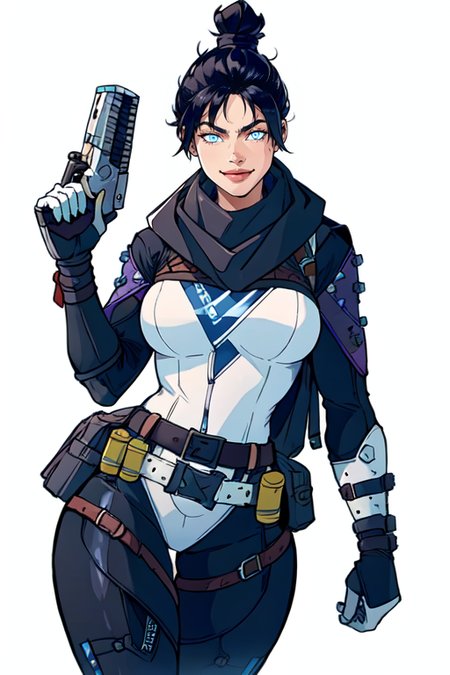 masterpiece,best quality,extreme detail,8k,white background,<lora:wraith:0.8> wraith, 1girl, solo, breasts, looking at viewer, smile, bangs, blue eyes, black hair, gloves, holding, medium breasts, weapon, belt, hair bun, scarf, holding weapon, gun, bodysuit, single hair bun, holding gun, handgun, black bodysuit, electricity, brown belt, black scarf
