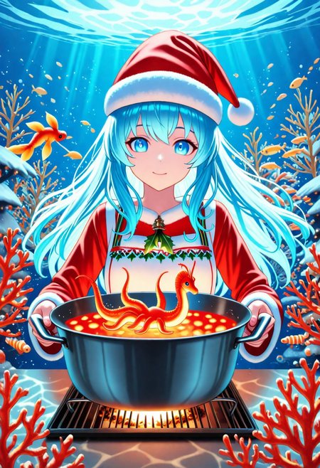 masterpiece, best quality, high quality, good quality, sarah, long hair, blue eyes, blue hair, animal, Seahorses, christmas animals, cooking, underwater, glowing corals, festive ambiance, bioluminescence, holiday theme, detailed, intricate details, dynamic lighting, festive accessories, Santa hats, christmas animals, d2j3m0x