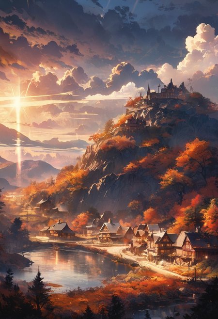Breathtaking views, nostalgia, detailed landscape, captivating, a harmony of nostalgia and innovation, great lighting, Nature, autumn leaves, fall, forests, rural townscapes, gassho-style houses, Scenery that blends Meiji and modern times, sun, sunlight, beautiful rivers, double exposure, beautiful view, mysterious glow, beautiful clouds, depth of field, masterpiece, best quality, 8k, ultra-detailed, very aesthetic, illustration, superb composition, finest details, , intricate details, absurdres, high contrast, RAW, concept art,