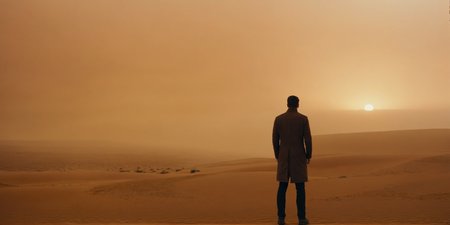 cinematic film still of  <lora:Blade Runner Style:1>
wide angle of an ARRIRAW 4K Cinematic Arri Alexa Mini, Zeiss Master Prime Lenses, Panavision, Film Stock Footage of a silhouette person's back covered in shadows standing in the middle of an orange desert with orange fog on Blade Runner style, shallow depth of field, vignette, highly detailed, high budget, bokeh, cinemascope, moody, epic, gorgeous, film grain, grainy