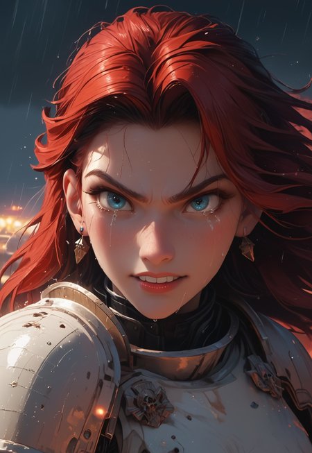 1girl, solo, 24 year old woman, large build, running:1.4, beautiful, long hair, dark red hair, freckles:1.4, face uplifted:1.6, looking up, looking at the sky, earrings, (fierce) grin:1.5, crying:1.5, teeth clenched:1.4, angry smile:1.5, wide hips, knight armor:1.5, heavy armor, gauntlets, greaves, bright blue eyes, rain falling on her face:1.5, tan skin, tears on chin, tears on cheeks, action pose:1.3,

dusk, after battle, muddy field, some grass, fallen soldiers around her:1.4, storming, dark gray sky, dark sky:1.4, streaming banners, battlefield, intense rain:1.3, dreary, raining, overcast, mountains and hills in the background,

score_9, score_8_up, score_8, masterpiece, best quality, official art, extremely detailed, CG unity 8k wallpaper, absurdres, high definition, photorealism:1.5, detailed shading, high contrast, ambient occlusion, vivid colors:1.5, saturated colors:1.6, 

dynamic angle:1.3, cowboy shot:1.6, cinematic,

expressiveh, whites40k, tears, 