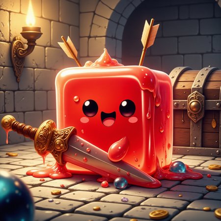 famous artwork, highly detailed anime-style image of an incredibly cute, adorable, perfectly square translucent crimson red gelatinous cube with a blissfully happy expression, ð, ^_^, the gooey little cube has a glossy sheen and tiny bubbles are encased within it, three arrows are lodged in its side and it holds a huge gleaming detiled ornate greatsword with a gooey appendage, the long sword is way too big for the perfect little cube, adding to its charmingly comical appearance, the cobblestone ground is filled with luxurious jewelry, gems and gold coins, the background is a classic medieval dungeon with stone walls and treasure chests and an iron wall-mounted torch, soft and warm lighting gives the scene a cozy atmosphere, the overall tone is lighthearted and whimsical, highly detailed background, <lora:gelatinous_cube-flux-by_oneviolentgentleman:0.8>