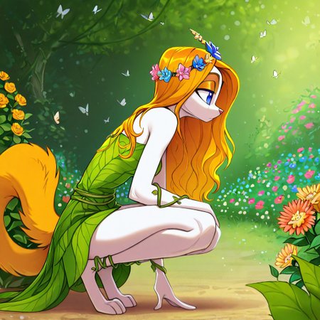 kalei ,white skin,1girl, solo, anthro, long yellow hair, large bushy yellow tail, white fur, digitigrade legs, blue eyes, white limbs,golden facial features,golden eyeshadow,
wavy hair, flower tiara, floral hair ornament, colorful flowers, 
leaf dress, vine straps, bare thighs, vines around arm, intricate pattern, intricate details, crouching, vines, too many butterflies,  flowers, garden, trees, bokeh, blurry background, depth of field, 
natural lighting, outdoors lighting, sunny, 
side view, facing to the side, looking to the side,    
masterpiece,best quality,amazing quality,very aesthetic,absurdres,newest, anime coloring
