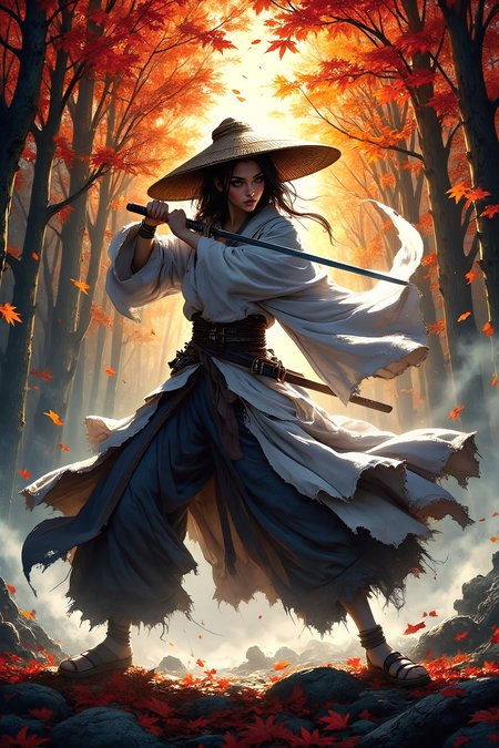 Create an image of a mysterious Japanese female swordsman in a dynamic sword-drawing pose, exuding a powerful combat stance. She wears a traditional straw hat  that casts shadows over her focused eyes, enhancing her enigmatic aura. Her attire consists of a simple gray robe and a flowing white cloak that billows with her movements, adding a sense of motion and grace to her figure. On her feet, she wears traditional straw sandals, grounding her in the historical context of feudal Japan.
She stands in a vibrant maple forest, surrounded by tall, majestic maple trees. The leaves are in their peak autumn colors, a cascade of red, orange, and yellow, swirling around her as they fall gently to the ground, adding dynamic movement to the scene. A soft, white mist blankets the forest floor, creating a mysterious and ethereal atmosphere. The warm, muted light of the setting sun filters through the canopy, casting long, dramatic shadows and bathing the scene in a soft, golden glow. This twilight light enhances the high contrast and rich colors of the environment.
The background of the image is rendered in an oil painting style, with bold, textured brushstrokes that capture the richness of the autumn foliage and the depth of the misty forest. In contrast, the foreground is depicted in a hyper-realistic style, focusing on the intricate details of the swordsman's clothing, the texture of the leaves, and the subtle expressions on her face. This combination of oil painting for the background and realistic details for the foreground creates a striking and unique composition, blending the dreamlike quality of an oil painting with the sharp, lifelike clarity of a realistic portrait. The entire scene is set in high contrast and vibrant colors, with an emphasis on detailed textures and a sense of high-quality craftsmanship.
<lora:FluxMythP0rtr4itStyle:0.6> mythp0rt,
<lora:edgy_fashionista_flux_ntc_v2:0.6>,
<lora:bokeh_flux_ntc:0.6>,
<lora:detailed_flux_ntc:0.75>,
<lora:Dever_Flux_Enhancer:0.6>,
<lora:FluxDFaeTasticDetails:0.6>