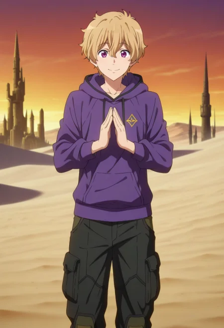 masterpiece, best quality, , anime screencap, anime coloring, official style, , 1boy, solo, male focus, <lora:nagisa_hazuki_ilxl:1>, nagisa_hazuki, blonde hair, purple eyes, desert spire, sand-carved towers, golden mosaics, radiant halls, noble pose, proud expression, midday heat, Convertible cargo pants, Zip-up hoodie, Moccasins, ,