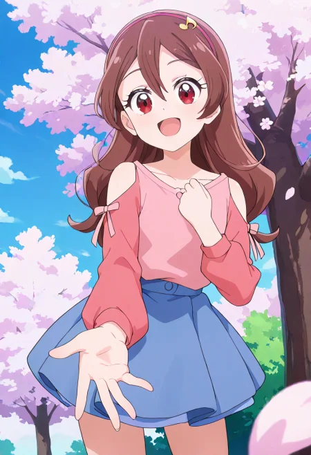 masterpiece, best quality, absurdres, very aesthetic, general,
sakura uta, casual, 1girl, brown hair, smile, solo, long hair, looking at viewer, open mouth, petals, outstretched hand, collarbone, outdoors, pink shirt, eyebrows visible through hair, clothing cutout, shoulder cutout, reaching out, outstretched arm, hair ornament, day, hand on own chest, shiny hair, hair between eyes, clenched hand, eyelashes, blue sky, pink hairband, red eyes, musical note hair ornament, tree, bare shoulders, anime coloring, off shoulder, open hand, off-shoulder shirt, brown eyes, cherry blossoms, pink ribbon, happy, pink dress, foreshortening, headband, hand up, hair down, arm ribbon, spread fingers, cloud, detached sleeves, depth of field, reaching towards viewer, reaching, wavy hair, puffy long sleeves, standing, bow, falling petals, singing, blue skirt, pleated skirt, miniskirt, layered skirt, 
<lora:cure_idol_sakura_uta_illustXL_locon_v1:0.8>