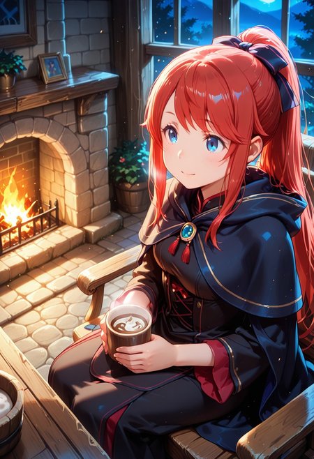 1girl, solo, masterpiece, best quality, newest, absurdres, CG, anime, source anime, illustration, very aesthetic, high resolution, ultra-detailed, newest, scenery, medium depth of field, rule of thirds, masterpiece-level, clean lines, sharp, focused subject, <lora:Theresia_van_Astrea_r1:1>
BREAK 1girl, solo, Theresia_van_Astrea, t_theresia, hair ornament, blue eyes,long hair, ponytail, red hair, bangs
cloak,parody,jewelry, black dress
dynamic pose, sitting, holding cup of hot chocolate, dreamy, happy, looking to side
outdoors, fantasy tavern, cozy, fireplace, oak table, oak chair, night, from above
cinematic angle, various angles, detailed background, beautiful background, (rays light:1.0),(grow:1.0), light particles