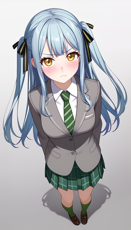 1girl, solo, <lora:togawa_sakiko_PonyXL:1>, togawa sakiko, long hair, blue hair, yellow eyes, black ribbon, hair ribbon, two side up, bangs, full body, looking at viewer, grey background, medium breasts, school uniform, grey jacket, white shirt, green necktie, striped necktie, green skirt, pleated skirt, plaid skirt, green socks, loafers, blazer, frown, standing, arms at sides, from above, anime coloring, gradient background, blush,, best quality, masterpiece,