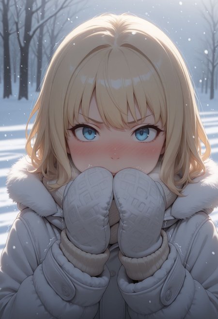masterpiece,best quality,absurdres,highres,very aesthetic,high quality,detailed,insanely detailed,beautiful,perfect lighting, looking at viewer, 
<lora:Leivinia Birdway illu:1> 1girl, blonde hair, blue eyes, short hair,
winter clothes, snow, nose blush, snowing, blush, trembling, mittens, sneezing