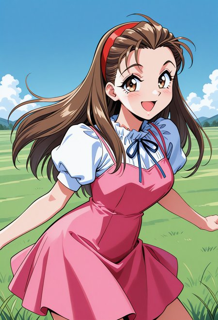 yasuda_maina, brown eyes, brown hair, long hair, hairband, white shirt, pink dress, puffy short sleeves, neck ribbon, <lora:Graduation_yasuda_maina_illustrious_ver1:0.8>
smile, open mouth,, masterpiece, best quality, very aesthetic, absurdres, general,, 1girl, solo, blue sky, (grasslands:1.2), looking at viewer,, (cowboy shot, dynamic pose:1.4),