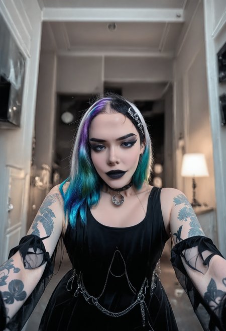 <lora:Thicc_Goth_Gf:1>photo  thicc goth gf, tattooed thick gothic woman, 1girl, black eyes, Iridescent rainbow hair, subsurface scathering, depth of field, skin pores, detailed skin, masterpiece, best quality, newest, absurdres, highres, feeling, impact, very awa, dim lighting, sidelighting, skindentation, amazing quality, scenery, very aesthetic, newest, volumetric lighting, blending, <lora:add-detail-xl:1> <lora:cfg_scale_boost:1> <lora:sdxl_enhance:1> <lora:spo_sdxl_10ep_4k-data_lora_webui:1>
