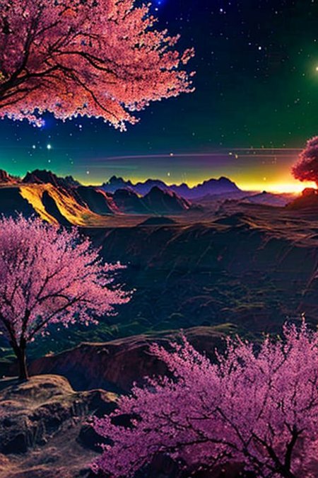 Planet surface landscape, background mountains, glowing, plants, sci-fi, fantasy, space art, galaxy background, tree on planet, cherry blossoms, sakura flowers, shooting stars, dynamic angles, intricate details, film grain, accent lighting, soft volumetric light, shallow depth of field , cinematography, realistic, SyFyEye1.
3D