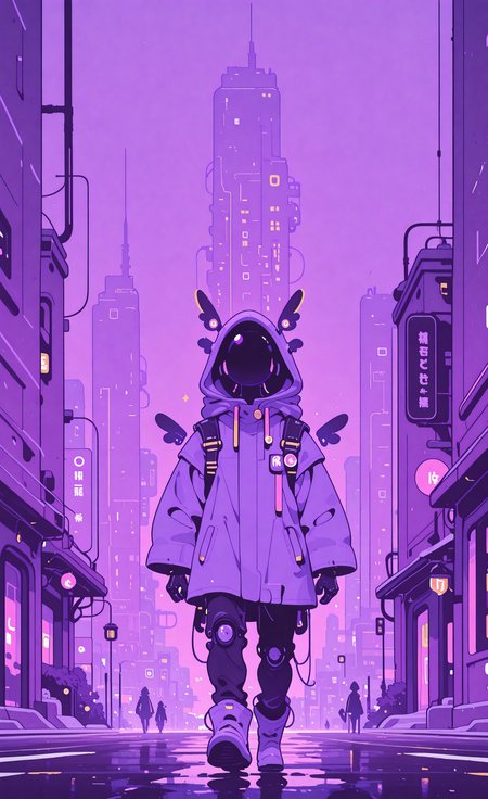 masterpiece,best quality,amazing quality, solo, 1boy, male focus, wings, hood, building, 1other, facing viewer, hood up, faceless, walking, city, purple theme, haiz_ai, in the style of cknc,
Flatline, Flat vector illustration <lora:ponyv6_noobE11_2_adamW-000017:0.3> <lora:checkpoint-e18_s306:1.5> <lora:ck-nc-cyberpunk-IL-000011:0.6> <lora:haiz_ai_illu:0.7>