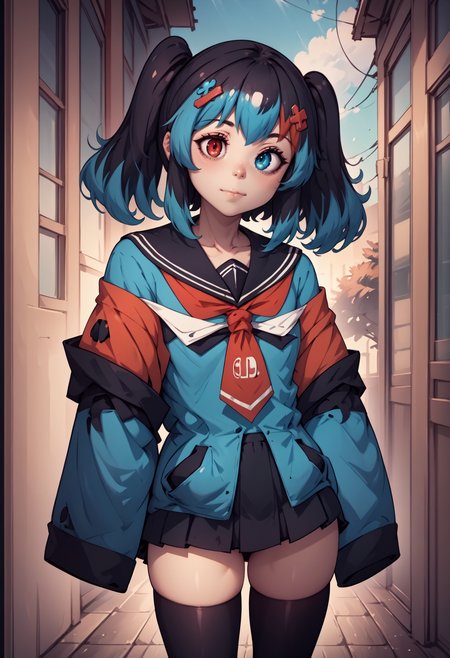 score_9, score_8_up, score_7_up, score_6_up, score_5_up, score_4_up, rating_questionable, BREAK, hands in pockets, <lora:SwitchchanXLPD:.95> Switchchan, heterochromia, sailor collar, sleeves past wrists, sleeves past fingers, school uniform, shirt, serafuku, black thighhighs, ecstatic <lora:mfcgXL:.5>