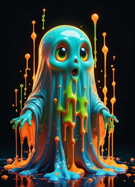 (Ombre color scheme of opal ,neon light orange ,neon green) splash art, a quirky liquid portrait of a cute and adorable sheet ghost, splash style of paint, Pixar style, Halloween colors, hyper detailed intricately detailed, fantastical, intricate detail, splash screen,  liquid, gooey, slime, splashy, fantasy, concept art, 8k resolution, masterpiece, melting, complex background, intricate detailed, bright colors, fantasy, concept art, digital art, intricate, oil on canvas, masterpiece, expert, insanely detailed, 4k resolution, <lora:br1ghtXLP:0.7> multicolored <lora:43stl1ght1ngXLP2:0.7> 43stl1ght1ng, low light, dramatic lighting, darkness, neon, spotlight <lora:envyStarlight_v10:0.8>