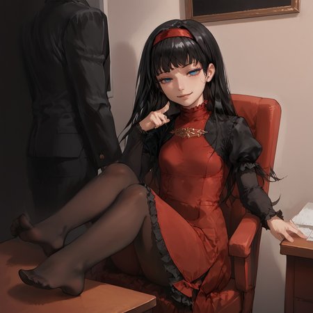 safe_pos, safe_pos, safe_pos, safe_pos, score_9, score_8_up, score_8_up, source_anime, source_safe,  expressiveh,  

solo, 
1girl ,

rg1rl, black hair, long hair, red hairband, blue eyes, puffy sleeves, red dress, frills, ((black pantyhose)), ((petite, petite body)) ((small braist)), perfect body, perfect butt,

 suit, shirt,skirt, (black pantyhose, stocking)

crosft, feet on table, full body, crossed legs, sitting, legs, foreshortening, thighs, soles, feet, foot focus, arm up, looking at viewer, smug, half-closed eyes, indoors, office chair, office, desk,

in hospital office, 