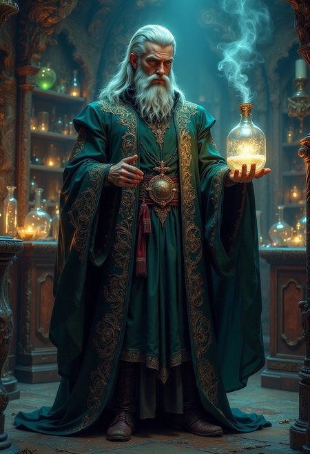 A mysterious alchemist with a long, flowing robe covered in esoteric symbols. He holds a glowing potion or crystal vial and has a beard flecked with silver. The setting is a cluttered laboratory filled with bubbling potions and arcane artifacts.