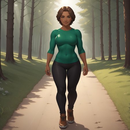 score_9, score_8, BREAK, solo, wii, mii, wii sports, 1girl, female mii, brown hair, black eyes, brown eyebrows, brown lips, lipstick, plump, dark skin, dark green clothing, black pants, shoes, nintendo mii, modern_mii, classic_mii, big breasts, Delilah_(Wii_Sports), sexy pose, smile, outdoors, sunlight, shadows, evening lighting, natural lighting, forest, trees, grass, orange sky, sunset