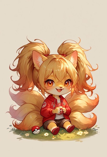 score_9, score_8_up, score_7_up, source_anime, solo, Ninetails happy, sitting next to a large pokeball, (anthropomorphic Ninetails, chibi body:1.3), simple background, (detailed image, high resolution, 5k resolution:1.0), (chibi art style:1.1)