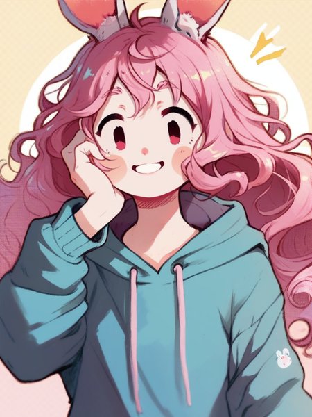 score_9, score_8_up, score_7_up, cute girl, rabbit ears, pink hair, wavy hair, red eyes, surprised, portrait, hoodie, hand on own cheek, looking at viewer, cowboy shot, smile, cute, solo, dutch angle, detailed background, 
 <lora:ANemupan_style:1>, Nemupan, flat color,