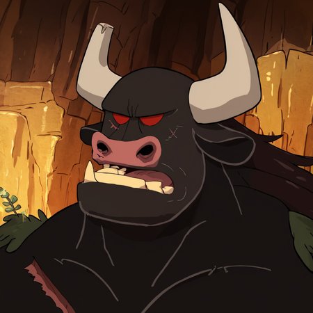 Expressiveh, score_9_up, score_8_up, score_7_up, (detailed face, detailed background, perfect eyes, perfect anatomy, masterpiece, best quality), rating_explicit, zoroj, Leaderaur, red eyes, muscular, scar, furry male, giant, pectorals, minotaur, long hair, moss on shoulders, cave, score_9, score_8_up, score_7_up,  score_6_up, close up, portrait, detailed face, detailed eyes, face shot, 