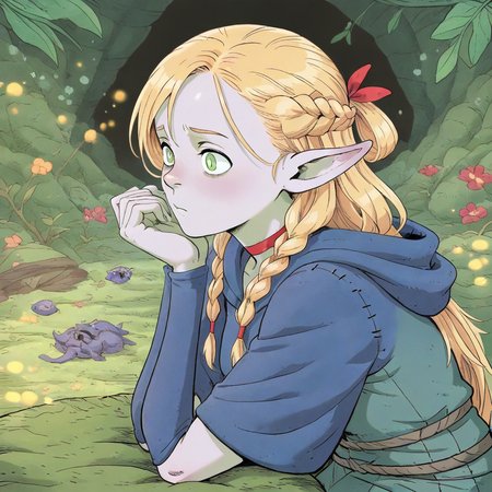 masterpiece, best quality, newest, absurdres, highres, Migamiga-Style-V1.0, 1girl, marcille_donato \(dungeon_meshi\), elf, pointy ears, green eyes, blonde,